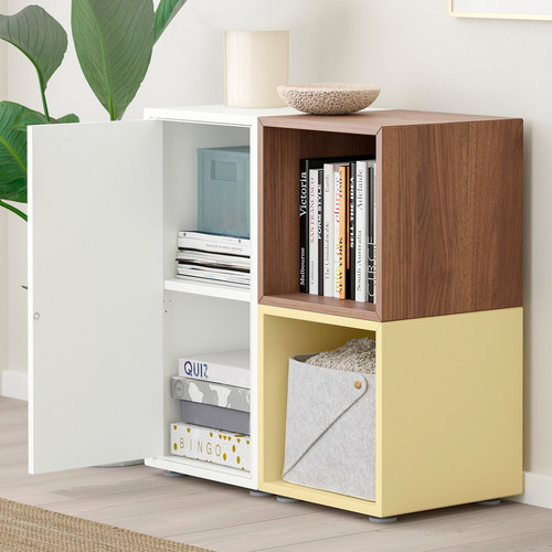 EKET Cabinet combination with feet, white/walnut effect pale yellow, 70x35x72 cm