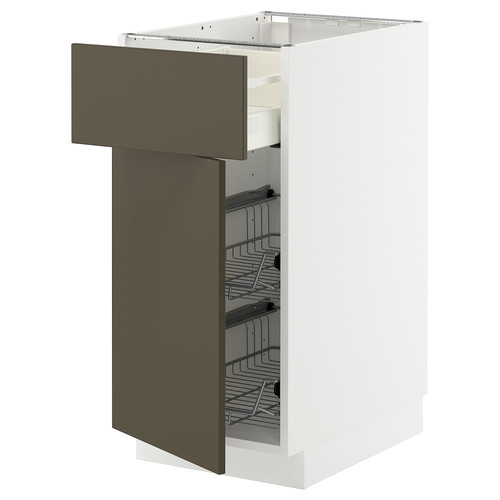 METOD / MAXIMERA Base cab w wire basket/drawer/door, white/Havstorp brown-beige, 40x60 cm