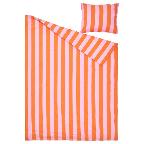 SLÅNHÖSTMAL Duvet cover and pillowcase, orange/pink/striped, 150x200/50x60 cm