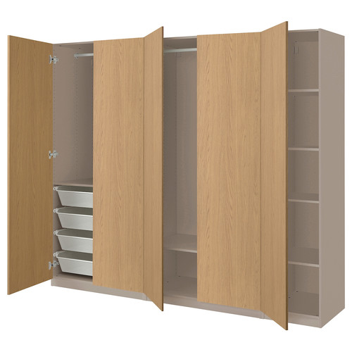 PAX / STORKLINTA Wardrobe combination, grey-beige/oak effect, 250x60x201 cm