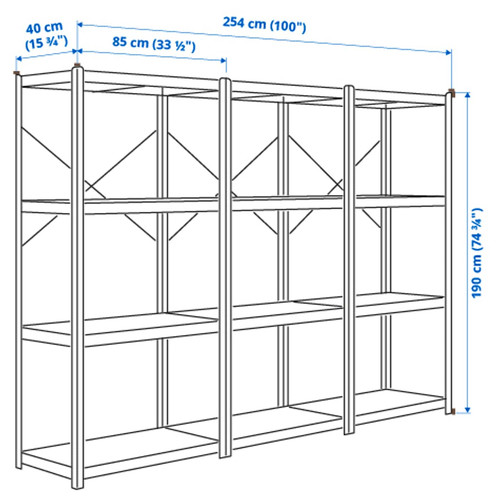 BROR Shelving unit, grey-green/pine plywood, 254x40x190 cm