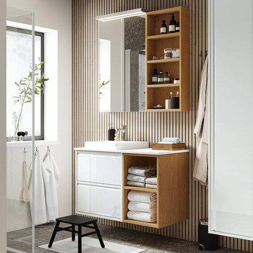 ÄNGSJÖN / BACKSJÖN Wash-stand/wash-basin/tap, high-gloss white/oak effect/white marble effect, 102x49x71 cm