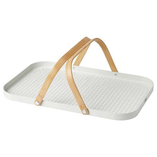 GRÖNFISK Tray with handle, bamboo/white, 46x30 cm