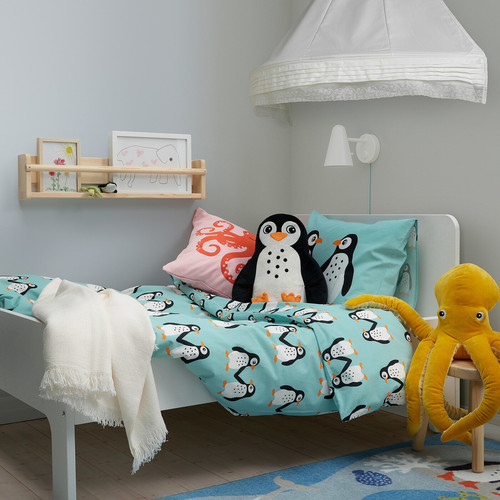 BLÅVINGAD Duvet cover and pillowcase, penguin pattern/light turquoise, 150x200/50x60 cm