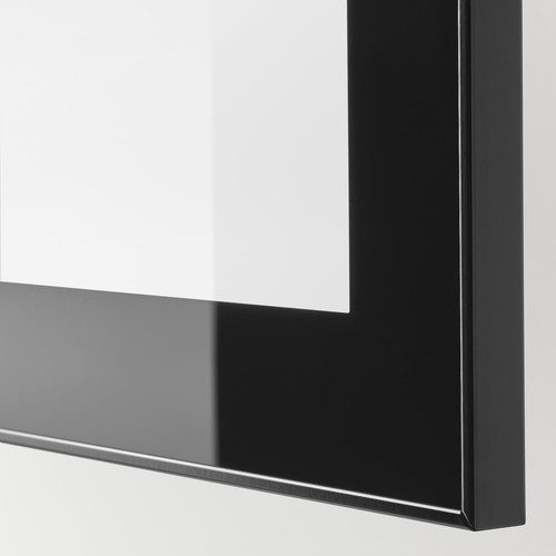 BESTÅ TV storage combination/glass doors, black-brown/Selsviken high-gloss/beige clear glass, 300x42x211 cm