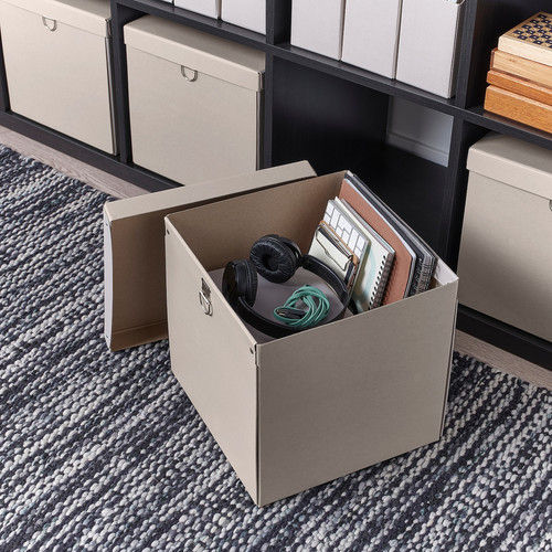 NIMM Storage box with lid, light grey-beige, 32x30x30 cm