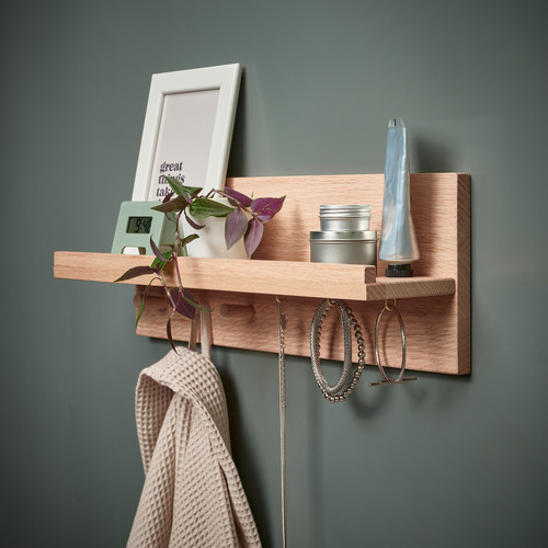 HÄSTVISKARE Wall organiser w hooks, oak, 42x15x11 cm