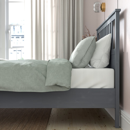 HEMNES Bed frame, grey stained/Lindbåden, 160x200 cm