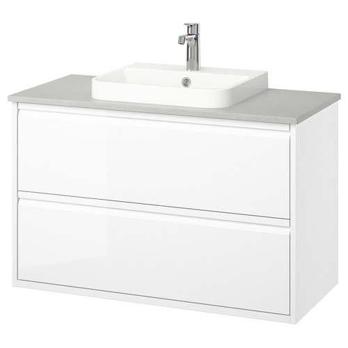 ÄNGSJÖN / BACKSJÖN Wash-stnd w drawers/wash-basin/tap, high-gloss white/grey stone effect, 102x49x71 cm