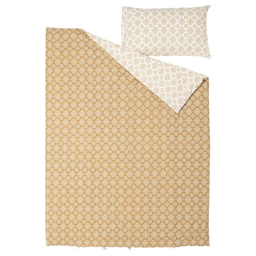 ORMÄNGSFLY Duvet cover and pillowcase, yellow-beige/white, 150x200/50x60 cm