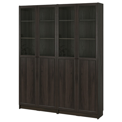 BILLY / OXBERG Bookcase comb w panel/glass doors, dark brown oak effect, 160x30x202 cm