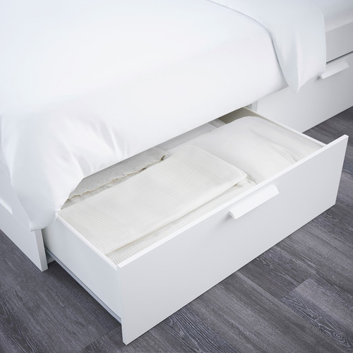 BRIMNES Bed frame w storage and headboard, white, Luröy, 140x200 cm