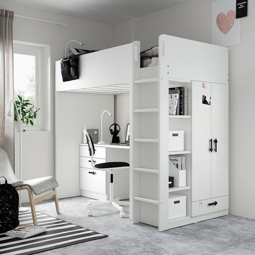 SMÅSTAD Loft bed, white white/with desk with 2 shelves, 90x200 cm
