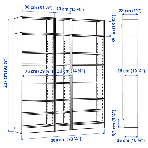 BILLY Bookcase comb with extension units, oak effect, 200x28x237 cm