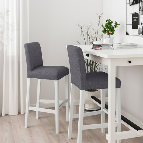 BERGMUND Bar stool with backrest, white, Gunnared medium grey, 75 cm