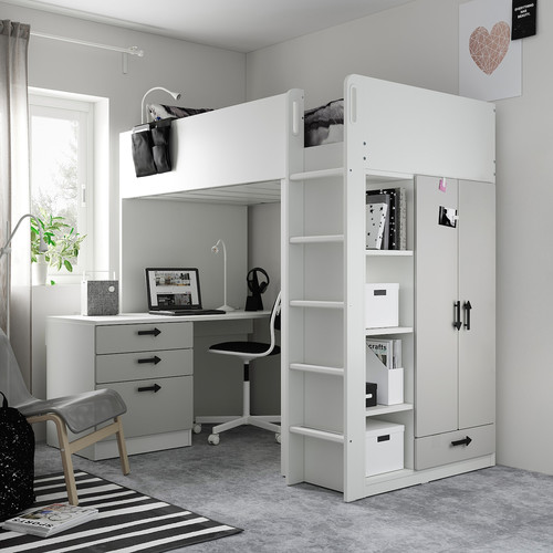 SMÅSTAD Loft bed, white grey/with desk with 2 shelves, 90x200 cm