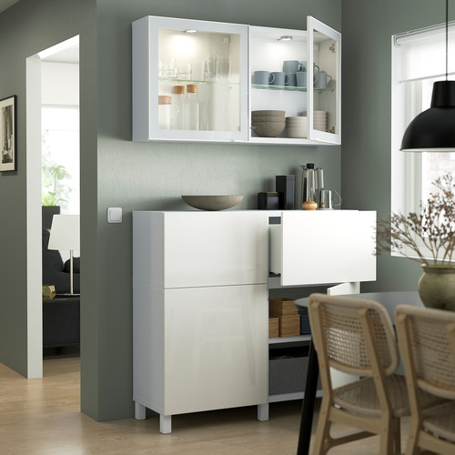 BESTÅ Storage combination w doors/drawers, white/Selsviken/Stubbarp high-gloss/white clear glass, 120x42x213 cm