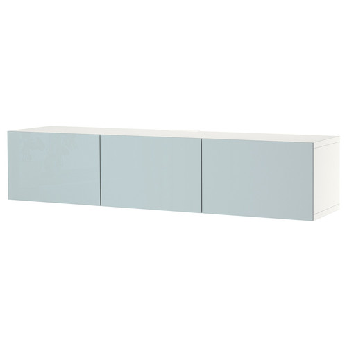 BESTÅ TV bench with doors, white, Selsviken light grey-blue, 180x42x38 cm