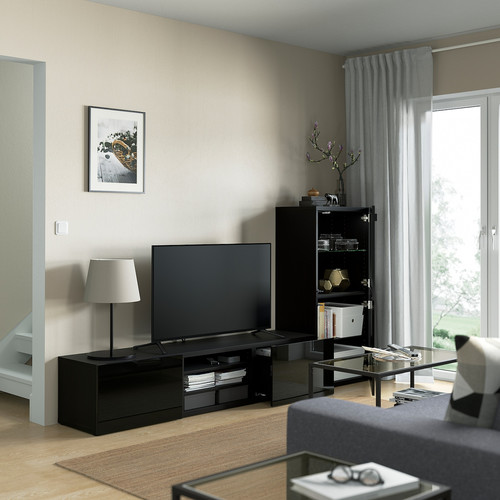 BESTÅ TV storage combination/glass doors, black-brown/Selsviken high-gloss/black clear glass, 240x42x129 cm