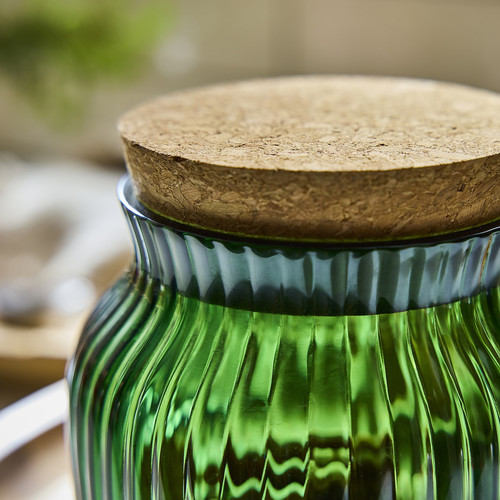 VINTERFINT Jar with lid, cork/glass green, 15 cm