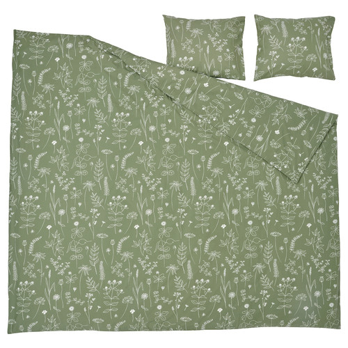 SLÅNGULDMAL Duvet cover and 2 pillowcases, green/floral pattern, 200x200/50x60 cm