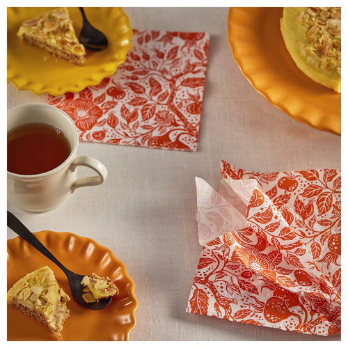 HÖSTAGILLE Paper napkin, floral pattern white/orange, 33x33 cm