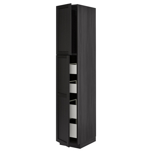 METOD / MAXIMERA Hi cab w 2 doors/4 drawers, black/Lerhyttan black stained, 40x60x220 cm