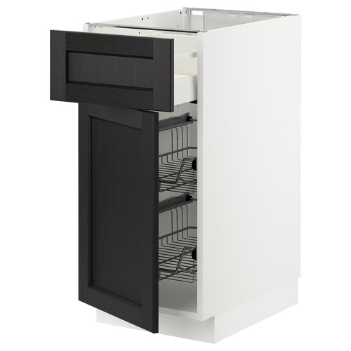 METOD / MAXIMERA Base cab w wire basket/drawer/door, white/Lerhyttan black stained, 40x60 cm