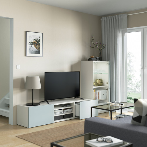 BESTÅ TV storage combination/glass doors, white Glassvik/Selsviken light grey-blue, 240x42x129 cm