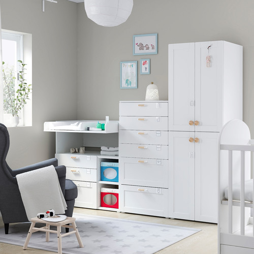 SMÅSTAD / PLATSA Storage combination, white with frame/with changing table, 210x79x181 cm