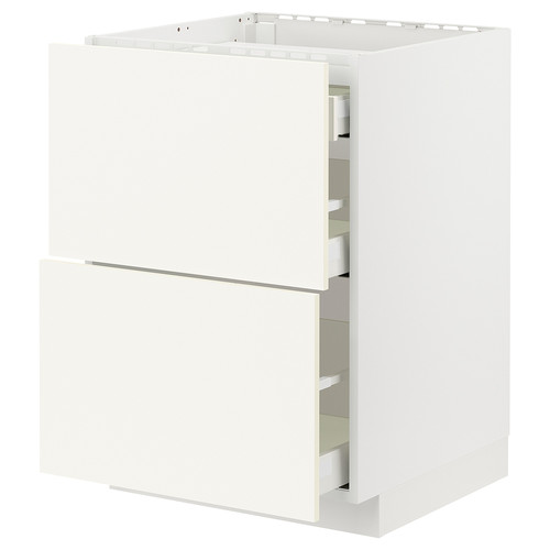 METOD / MAXIMERA Base cab f hob/2 fronts/3 drawers, white/Vallstena white, 60x60 cm