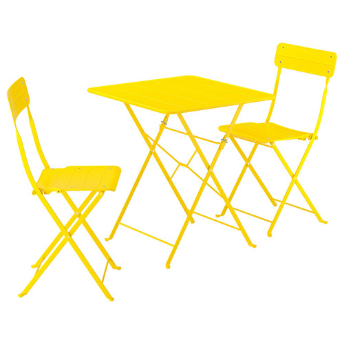 SUNDSÖ Table and 2 folding chairs, outdoor bright yellow/bright yellow, 65x65 cm