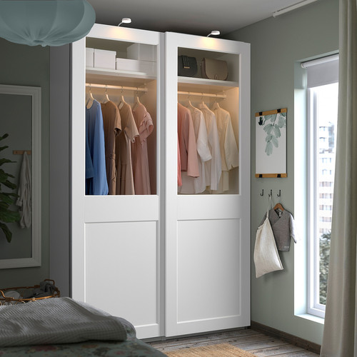 PAX / GRIMO Wardrobe with sliding doors, white/clear glass white, 150x66x236 cm