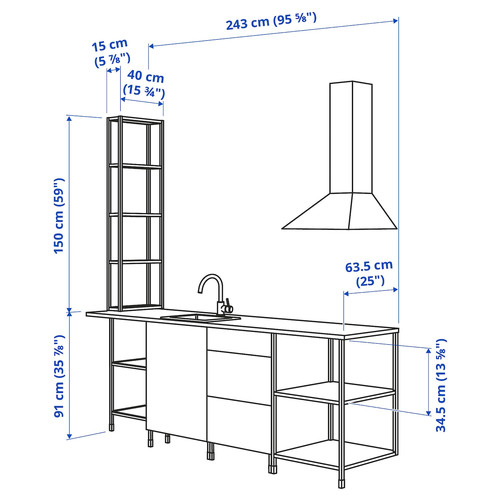 ENHET Kitchen, white, oak effect, 243x63.5x241 cm