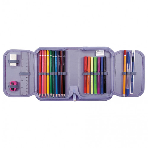 Pencil Case with School Accessories Check, purple