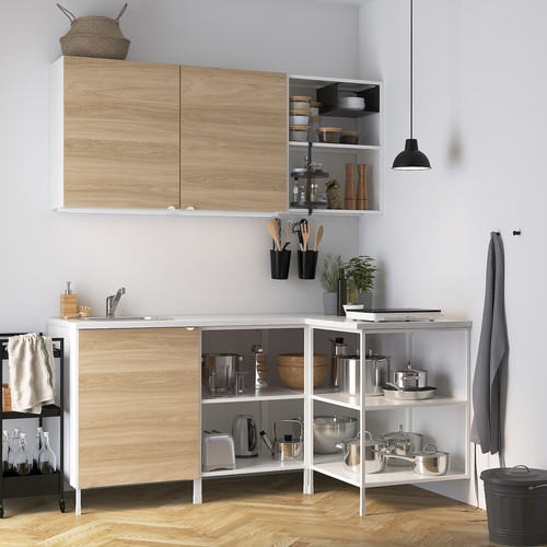 ENHET Corner kitchen, white, oak effect