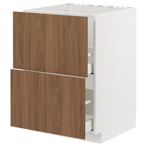 METOD/MAXIMERA Base cab f sink+2 fronts/2 drawers, white/Tistorp brown walnut effect, 60x60 cm