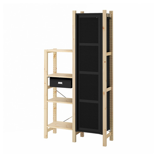 IVAR 2 sections/shelves/cabinet, pine/black mesh, 92x30x179 cm