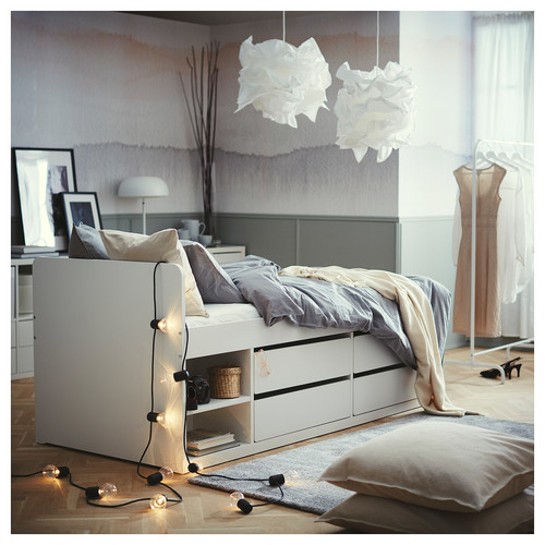 SLÄKT Bed frame w storage+slatted bedbase, white, 90x200 cm