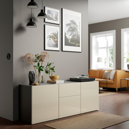 BESTÅ Storage combination with drawers, black-brown/Selsviken high-gloss/beige, 180x42x65 cm