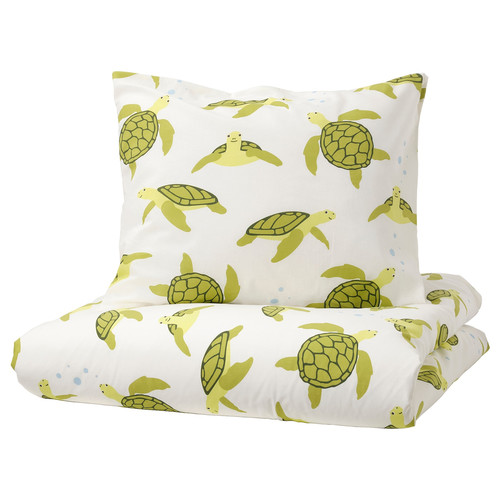 BLÅVINGAD Duvet cover and pillowcase, turtle pattern green/white, 150x200/50x60 cm