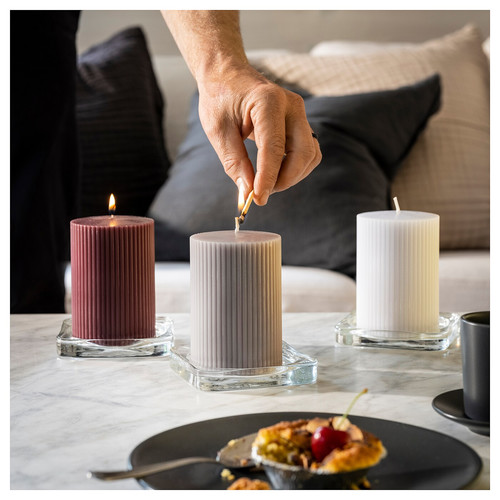 KOPPARLÖNN Scented pillar candle, almond & cherry/mixed colours, 30 hr, 3 pack