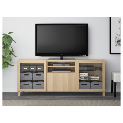 BESTÅ TV bench with drawers, white stained oak