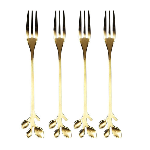 Dessert Fork Set 4pcs, gold leaves