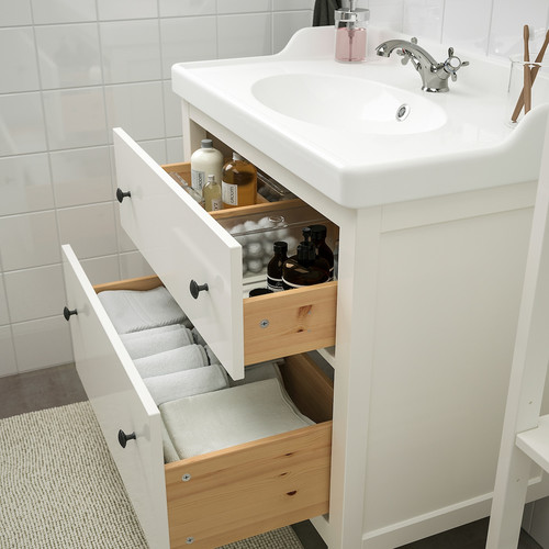 HEMNES / RÄTTVIKEN Bathroom furniture, set of 5, white, Runskär tap, 82 cm