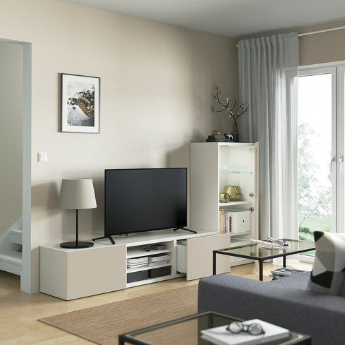 BESTÅ TV storage combination/glass doors, white Sindvik/Lappviken light grey/beige, 240x42x129 cm