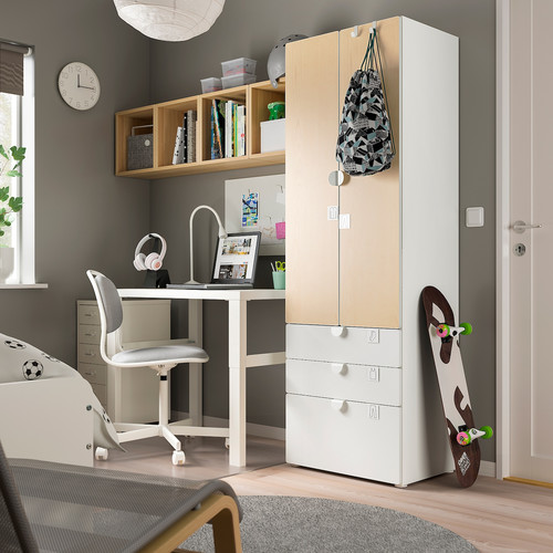 SMÅSTAD / PLATSA Wardrobe, white/birch with 3 drawers, 60x42x181 cm