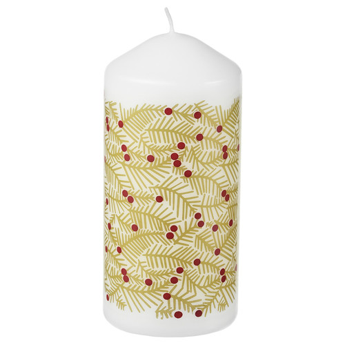 VINTERFINT Unscented pillar candle, fir needle pattern gold-colour, 14 cm