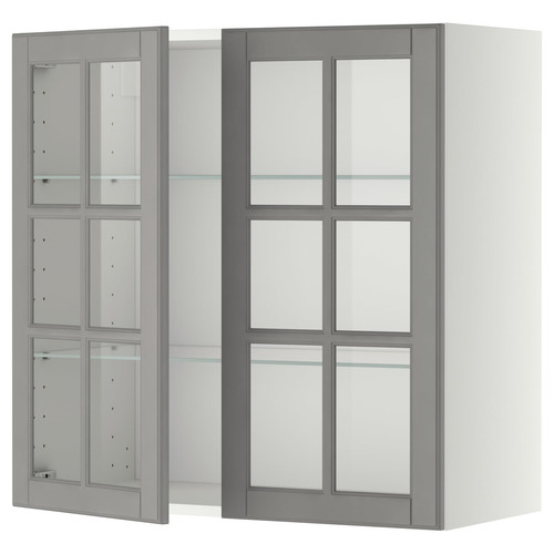 METOD Wall cabinet w shelves/2 glass drs, white/Bodbyn grey, 80x80 cm