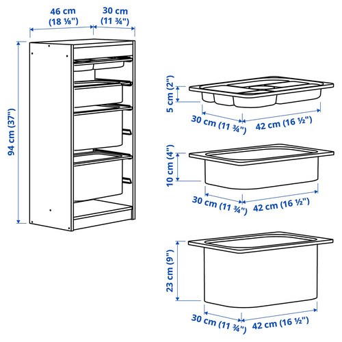 TROFAST Storage combination with boxes/tray, grey turquoise/white, 46x30x94 cm